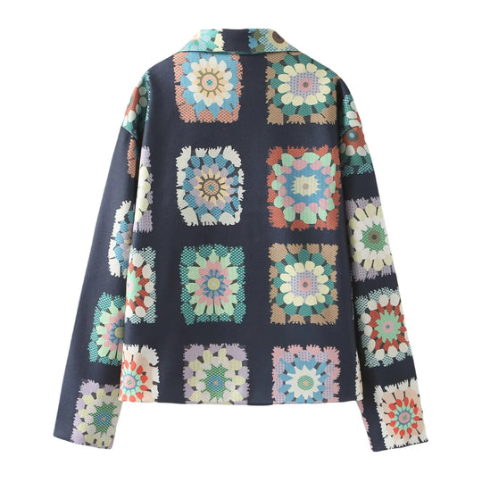 Damen modische Jacke mit floralem Muster und praktischen Taschen EB