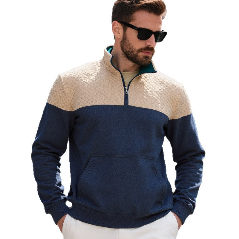 Herren Colorblock-Halbzip-Sweatshirt mit gesteppter Brustpartie, Kängurutasche und elastischen Bündchen EB