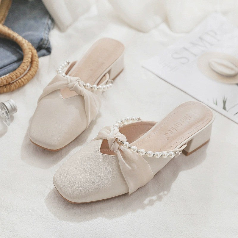 Damen Elegante Mules mit modischem Perlenverzierung und kreativen Schleifen EB