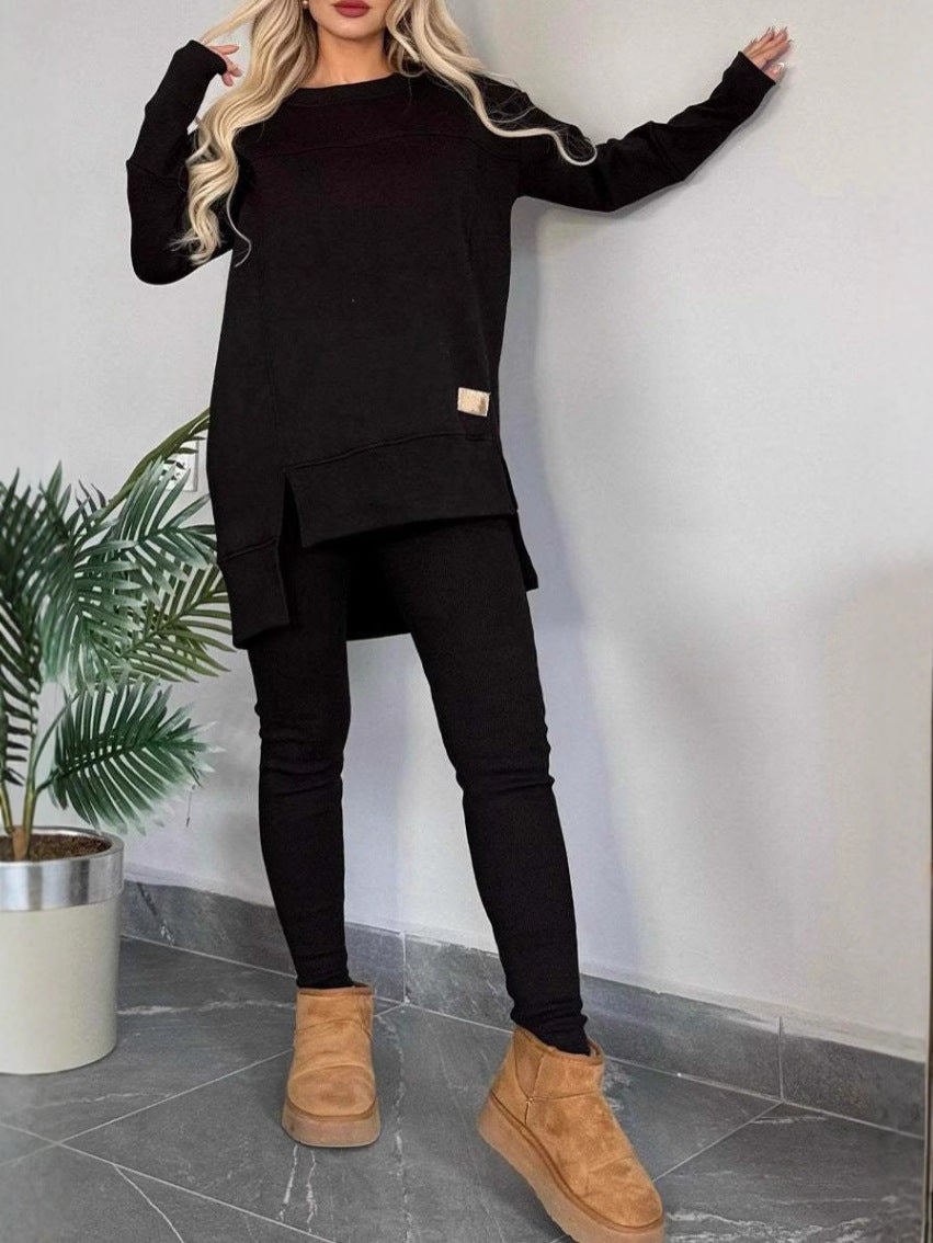 Damen Lässiges Langarm Sweatshirt-Set mit asymmetrischem Schnitt und praktischen Taschen EB