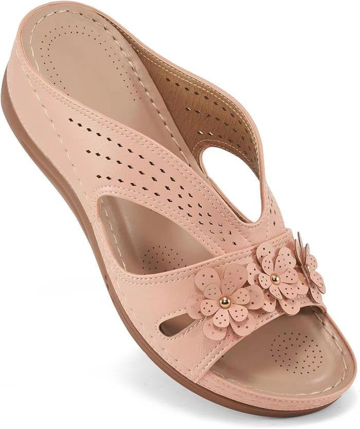 Damen Bequeme Pantoletten mit Blumenapplikation und orthopädischer Dämpfung EB