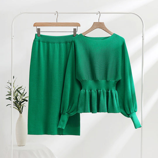 Damen elegantes Strickensemble mit Raffung und Ballonärmeln EB