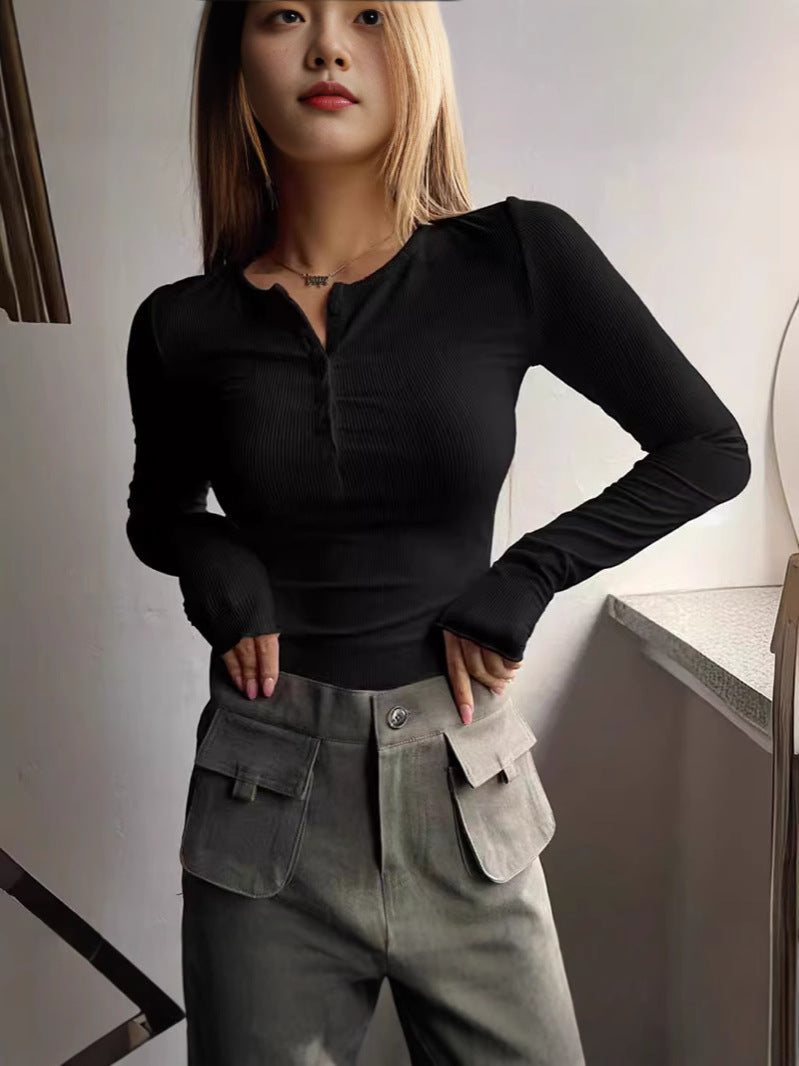 Damen Langarmshirt mit eleganter Knopfleiste EB