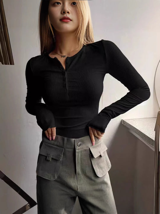 Damen Langarmshirt mit eleganter Knopfleiste EB