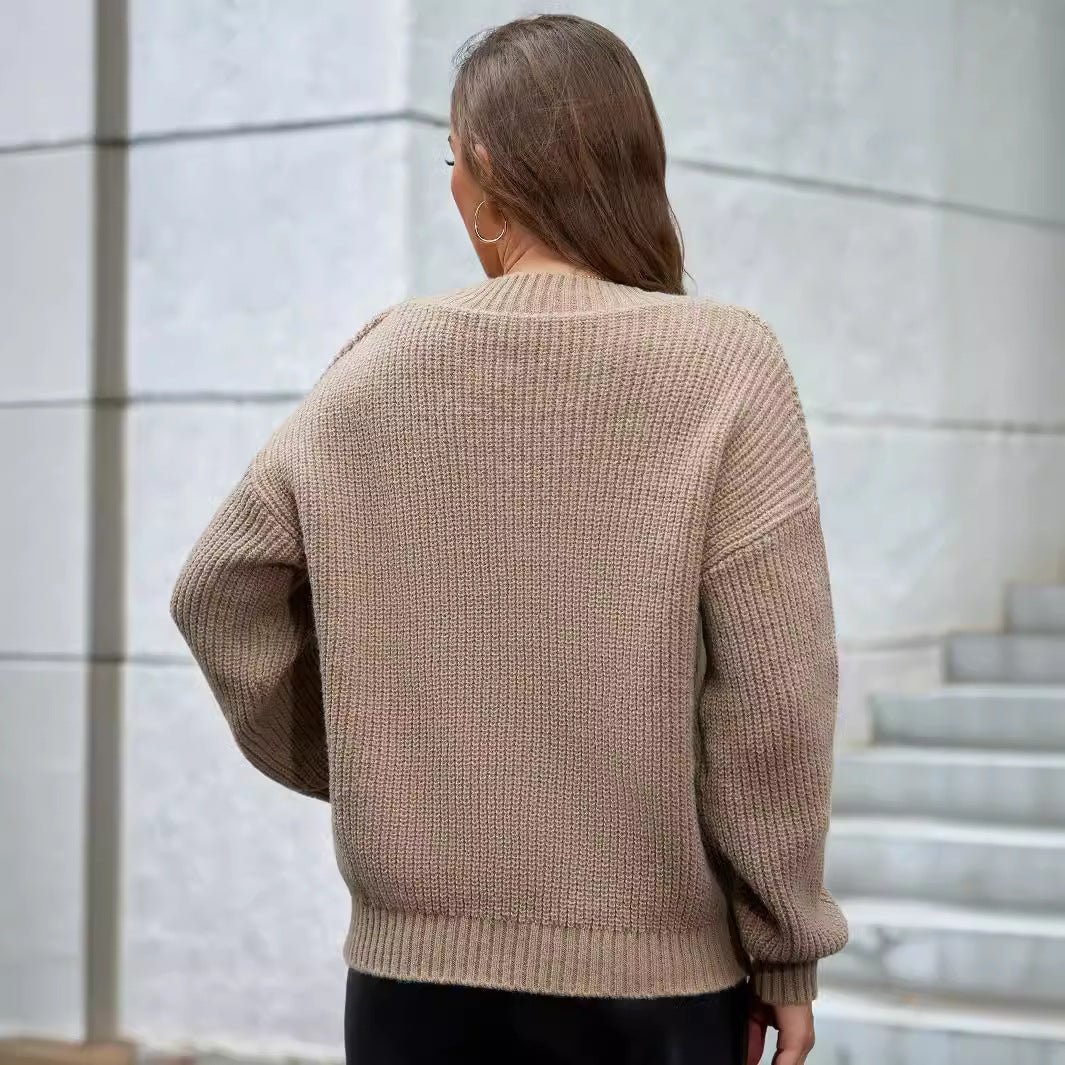 Damen gemütlicher V-Ausschnitt Strickpullover mit lockerem Schnitt und strukturiertem Muster EB