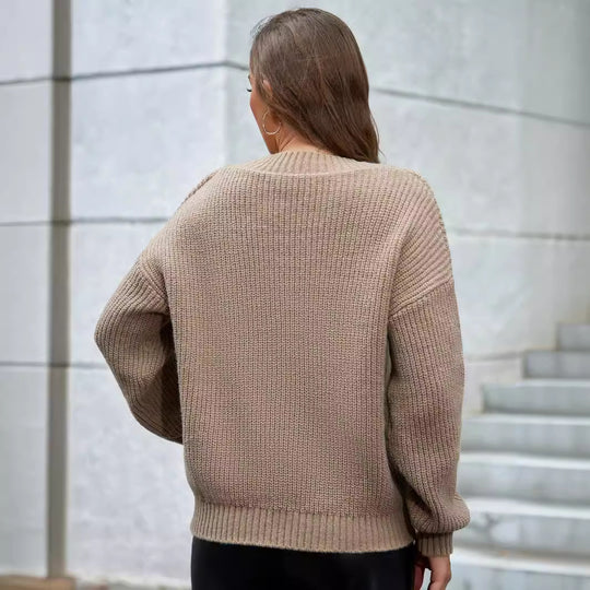 Damen gemütlicher V-Ausschnitt Strickpullover mit lockerem Schnitt und strukturiertem Muster EB