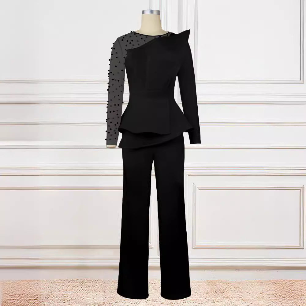 Damen eleganter Jumpsuit mit asymmetrischem Oberteil und raffiniertem Rüschendesign EB