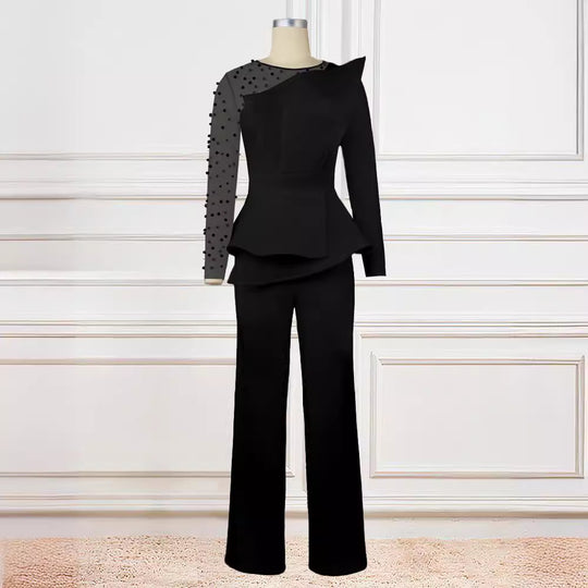 Damen eleganter Jumpsuit mit asymmetrischem Oberteil und raffiniertem Rüschendesign EB