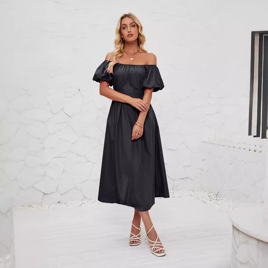 Damen Off-Shoulder Maxikleid mit voluminösen Puffärmeln und seitlichen Taschen EB