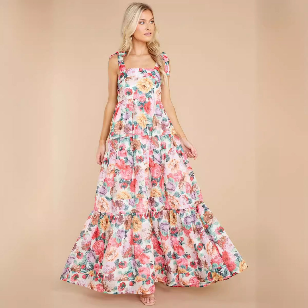 Damen Boho Maxikleid mit verspielten Rüschendetails und Trägern EB