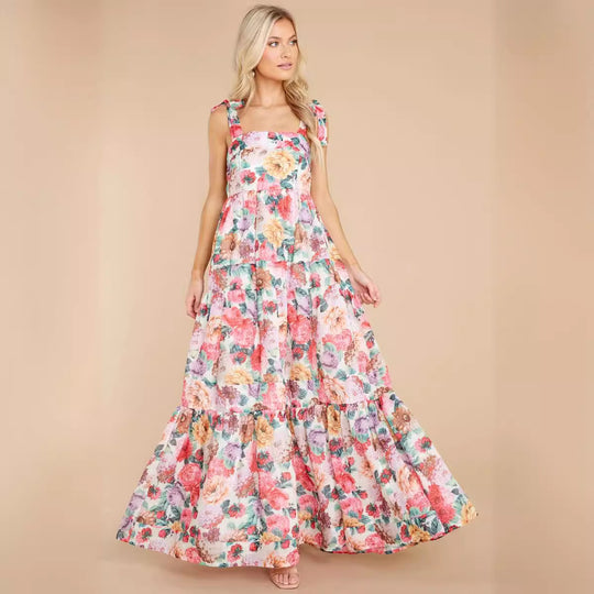 Damen Boho Maxikleid mit verspielten Rüschendetails und Trägern EB