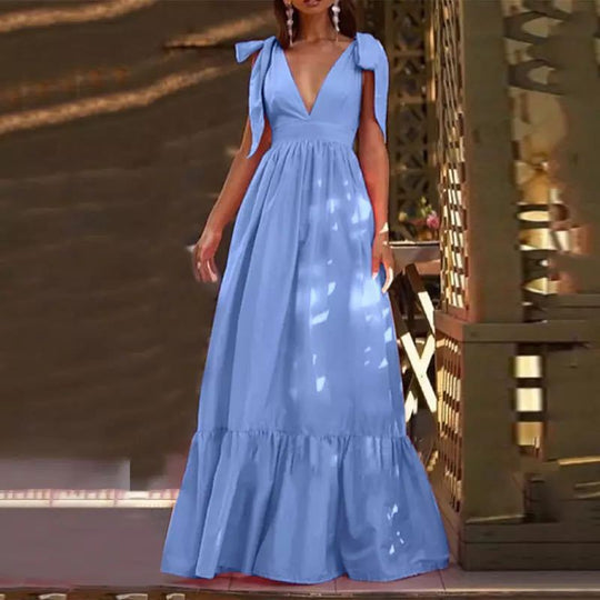 Damen Maxikleid mit festlichen Rüschendetails und tiefem V-Ausschnitt EB
