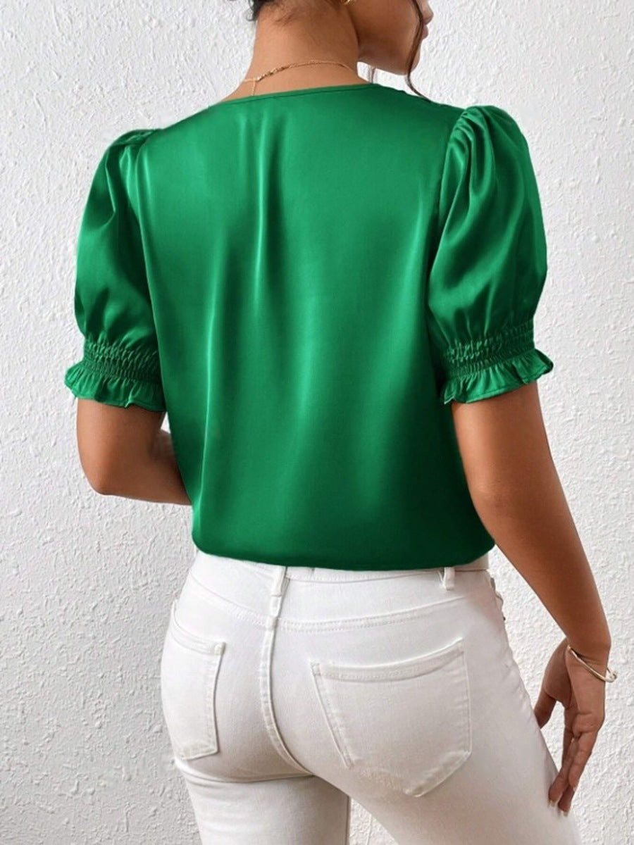 Damen Satinbluse mit Puffärmeln und eleganter Knopfleiste EB