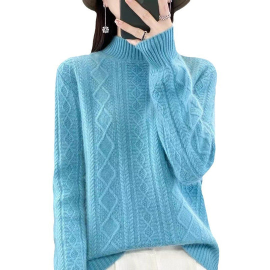 Damen Hochwertiger Strickpullover mit Stehkragen und Zopfdesign EB