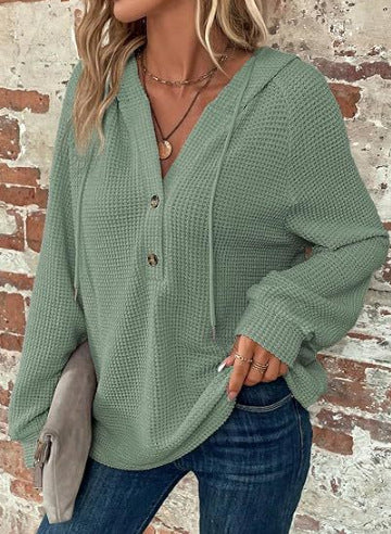 Damen lässiger Kapuzenpullover mit Knopfdetails und strukturiertem Gewebe EB
