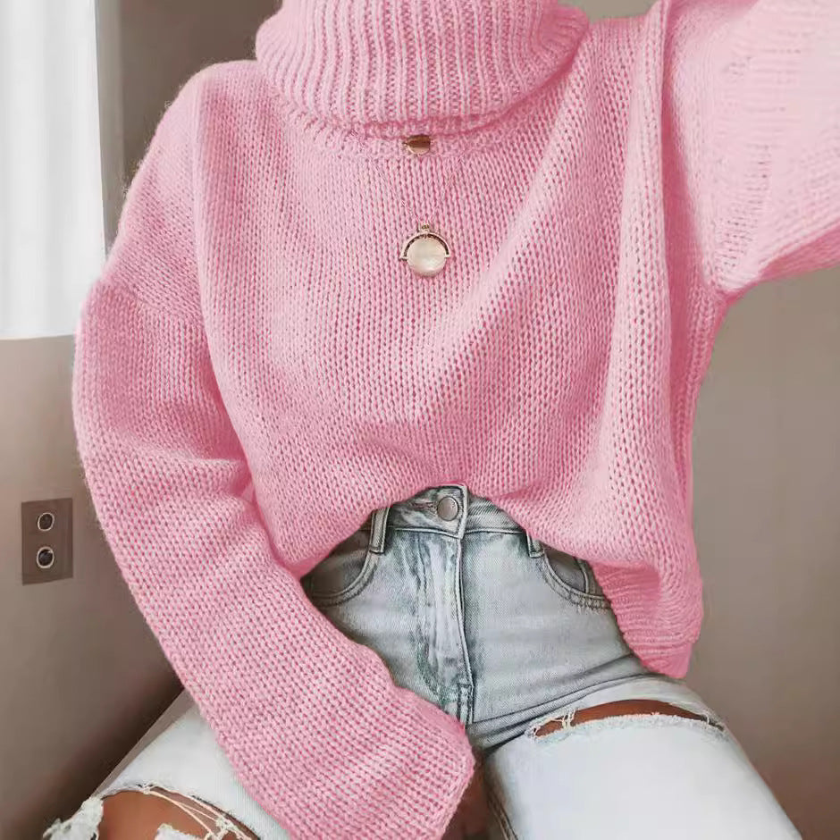 Damen Strickpullover mit hohem Kragen und lässigem Schnitt EB