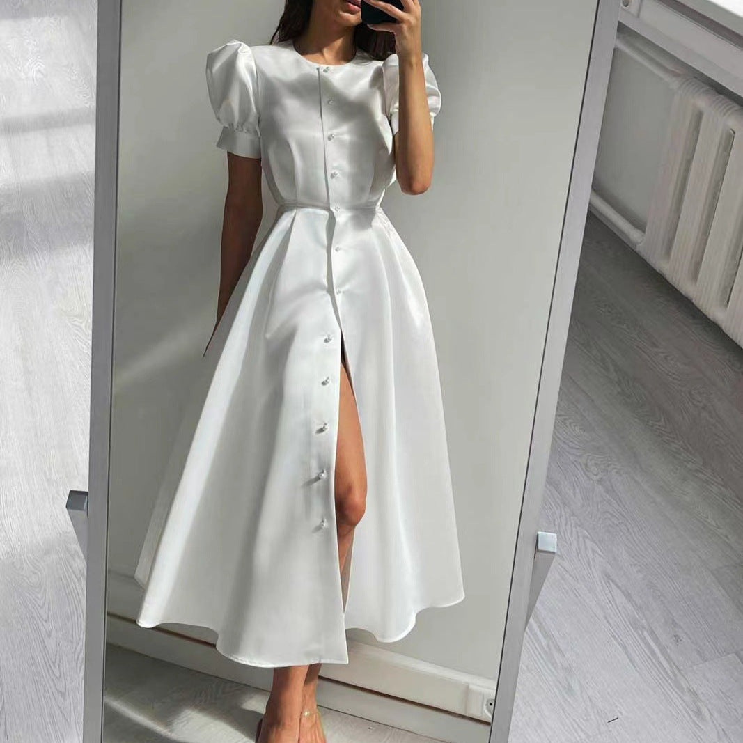Damen Midi-Kleid mit Puffärmeln und schimmerndem Satin-Finish EB