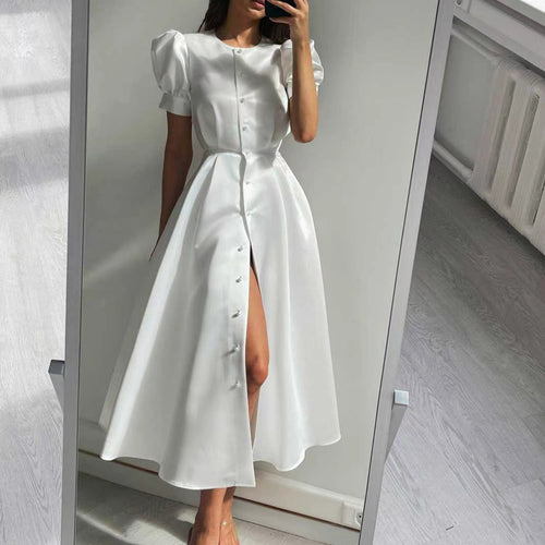 Damen Midi-Kleid mit Puffärmeln und schimmerndem Satin-Finish EB