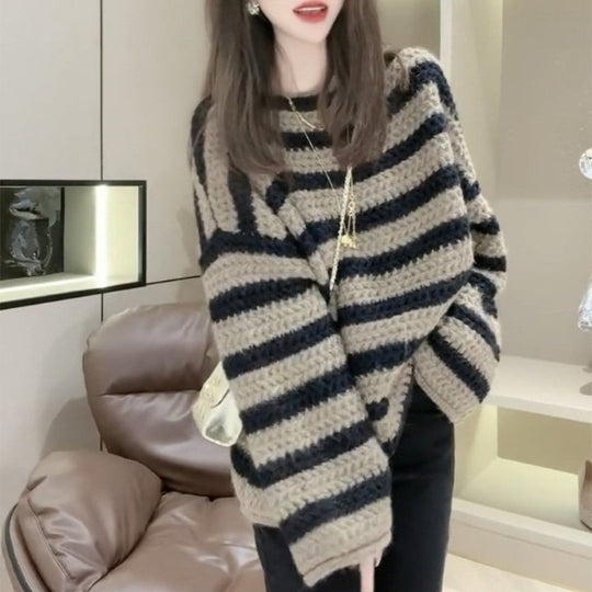 Damen Grobstrickpullover mit lässigem Streifenmuster und voluminösen Ärmeln EB