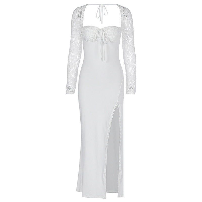 Damen Elegante Maxikleid mit transparenter Spitzenoberfläche und seitlichem Schlitz EB