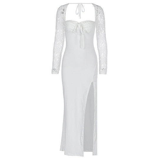 Damen Elegante Maxikleid mit transparenter Spitzenoberfläche und seitlichem Schlitz EB