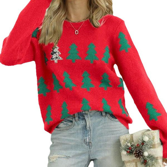 Damen kuscheliger Weihnachtspullover mit festlichem Tannenbaum-Design EB
