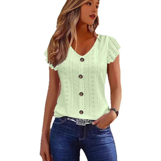Damen elegante Bluse mit Spitzenmuster und Knopfverzierung EB