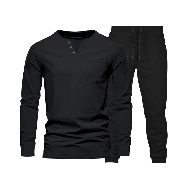 Herren Langarm‑Henley Loungewear‑Set mit Brusttasche und tapered Jogginghose EB