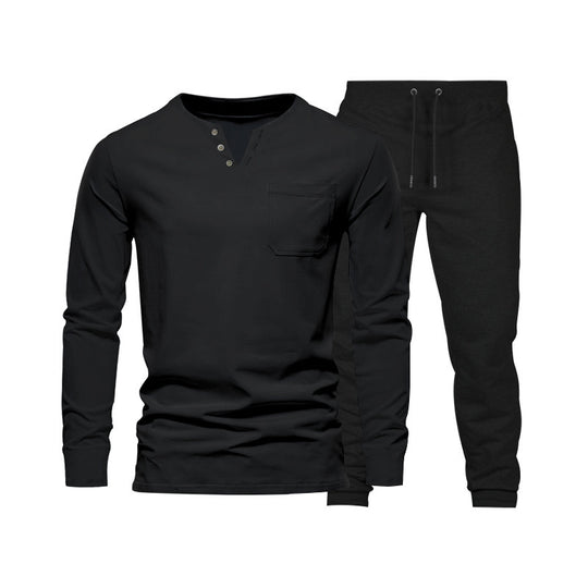 Herren Langarm‑Henley Loungewear‑Set mit Brusttasche und tapered Jogginghose EB