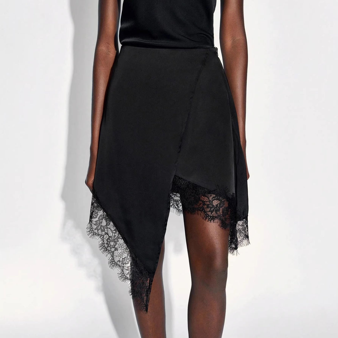Damen nan asymmetrischer Wickelrock mit Spitzenbesatz und satinähnlichem Fall EB