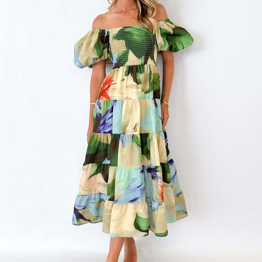 Damen Maxikleid mit voluminösen Puffärmeln und floralen Akzenten EB