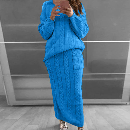 Damen nan Strickset Oversized Zopfmuster-Pullover und Maxi-Bleistiftrock mit aufgesetzter Tasche EB