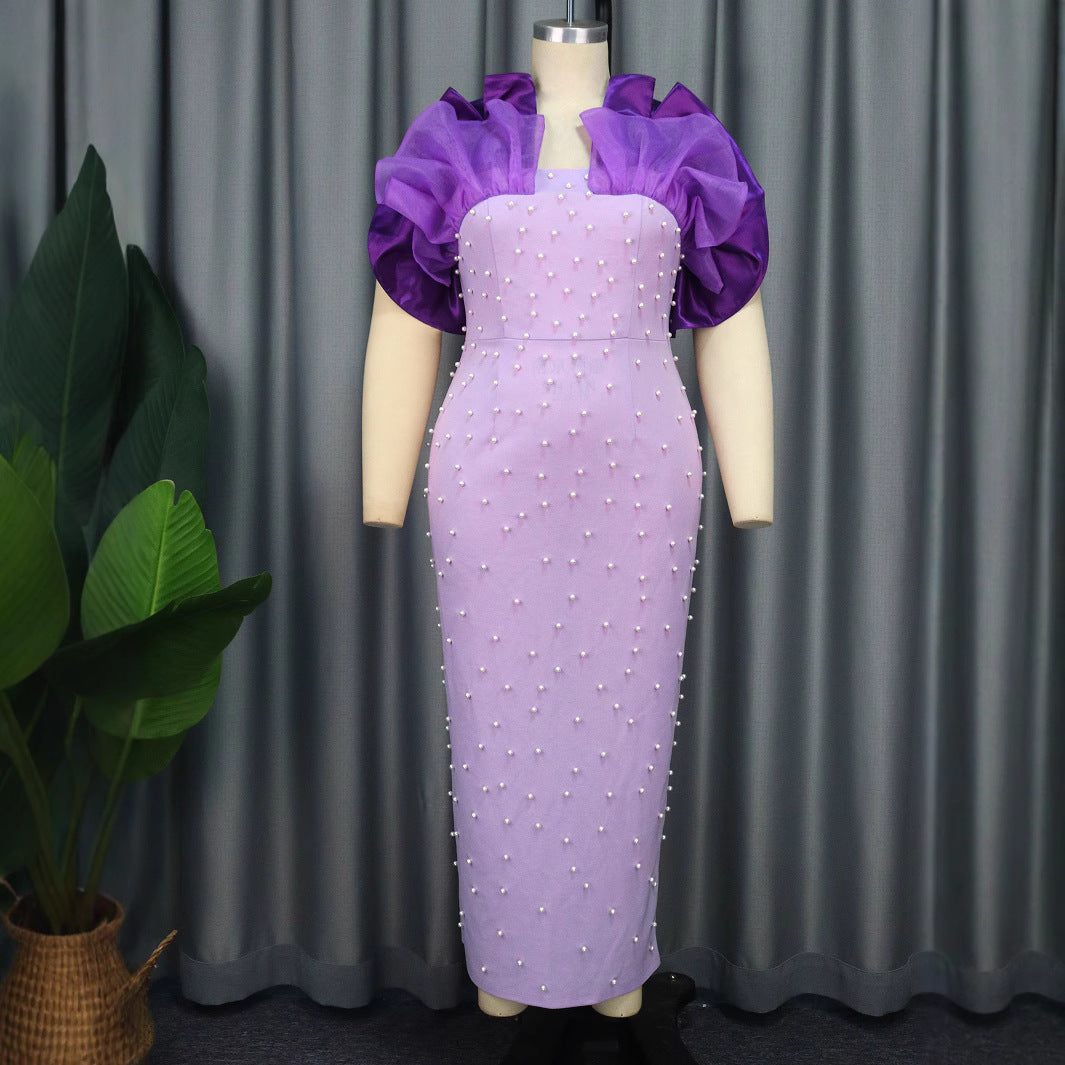 Damen Elegantes Körperbetontes Kleid mit Puffärmeln und Perlenverzierungen EB