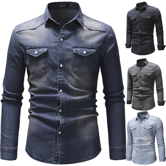 Herren nan oversized Denim-Hemdenjacke mit geschwungenem Saum und aufgesetzten Pattentaschen EB