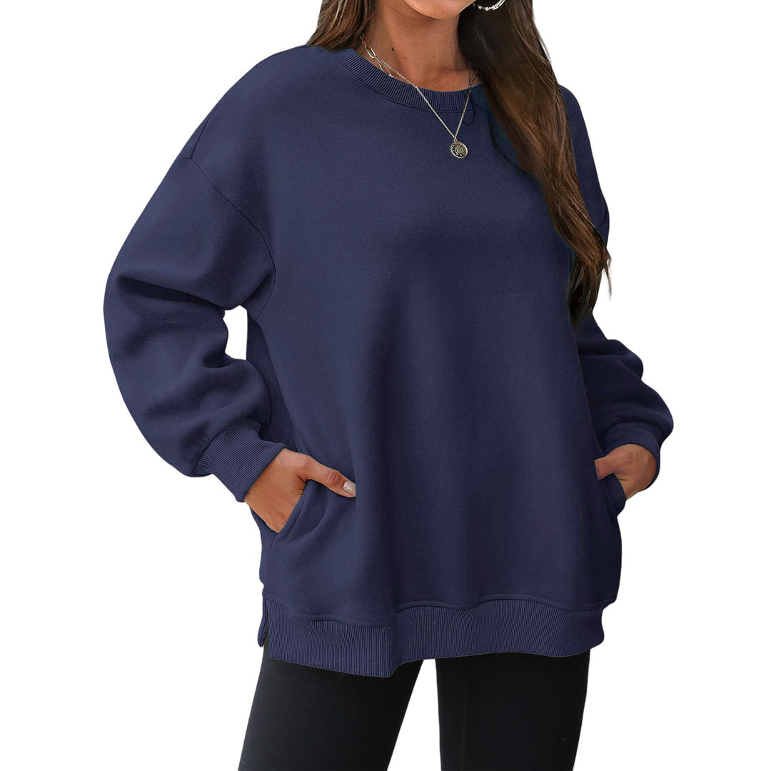 Damen nan verlängertes Oversize Rundhalspullover mit seitlichen Eingrifftaschen, Rippbündchen und überschnittener Schulter EB