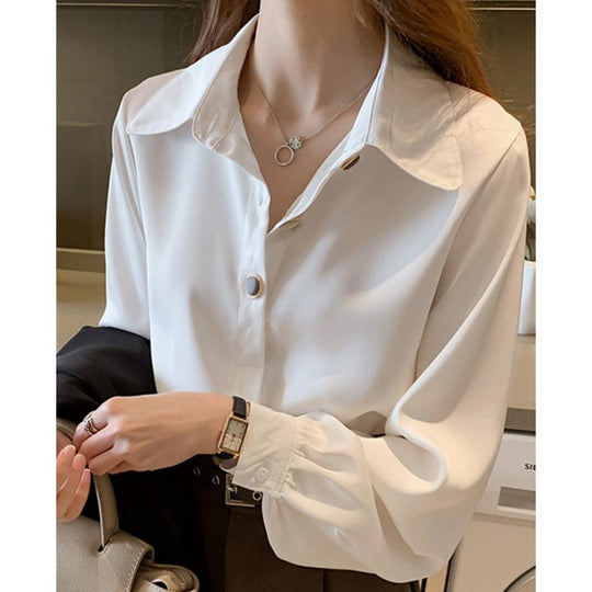 Damen Elegante Seidenoptik Hemdbluse mit übergroßem Kragen und Ballonärmeln EB