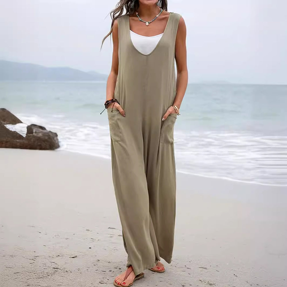 Damen Lässiger weite Jumpsuit mit V-Ausschnitt und praktischen Taschen EB