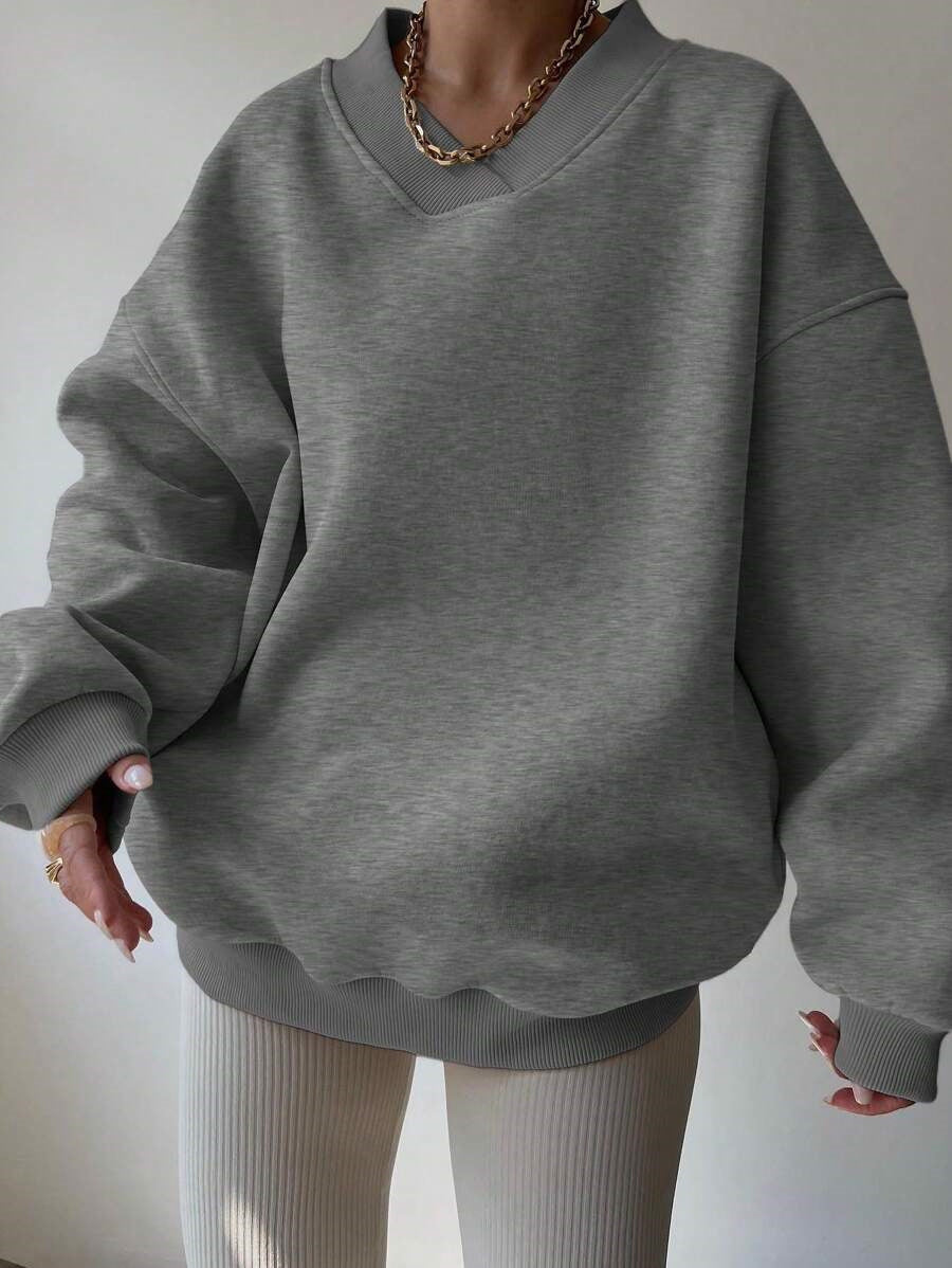 Damen Oversized V-Ausschnitt Sweatshirt mit verstärktem Rippkragen und extraweitem Cut EB
