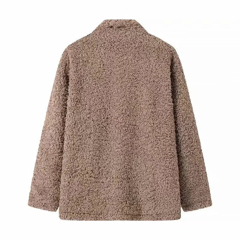 Damen kuschelige Fleecejacke mit hohen Kragen und Druckknopfverschluss EB