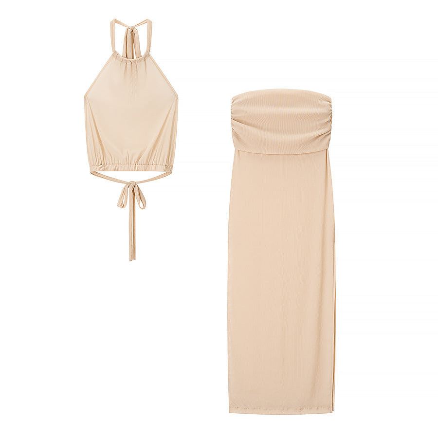 Damen Set aus eleganter Crop-Top und figurbetontem Rock mit Raffungen EB