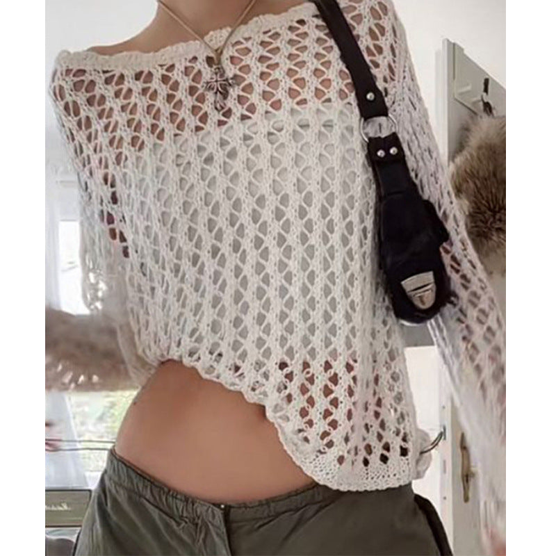 Damen luftiges Häkeloberteil mit weitem Schnitt und transparentem Design EB