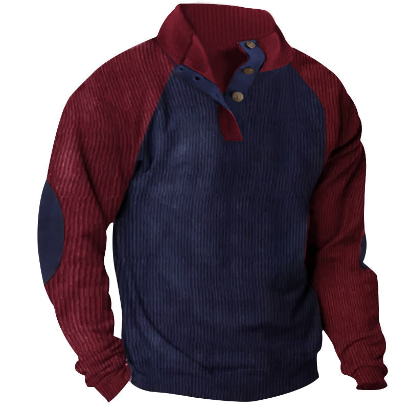 Herren Strukturiertes Raglan-Henley-Pullover mit Stehkragen, Ellenbogenpatches & Knopfleiste EB
