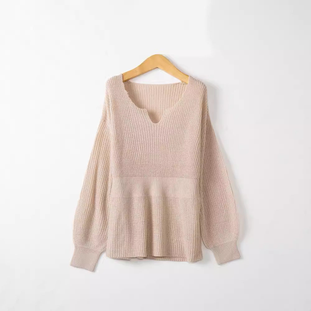Damen Grobstrickpullover mit tiefem V-Ausschnitt und lässigem Schnitt EB