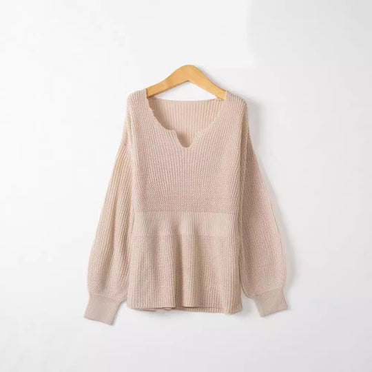 Damen Grobstrickpullover mit tiefem V-Ausschnitt und lässigem Schnitt EB