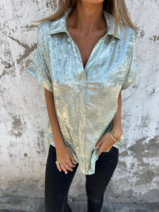 Damen Elegante und lässige Satinbluse mit kurzen Ärmeln EB