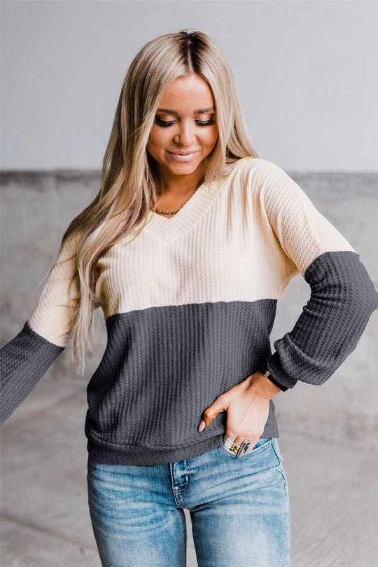 Damen lässiges V-Ausschnitt Sweatshirt mit strukturiertem Waffelstrick EB