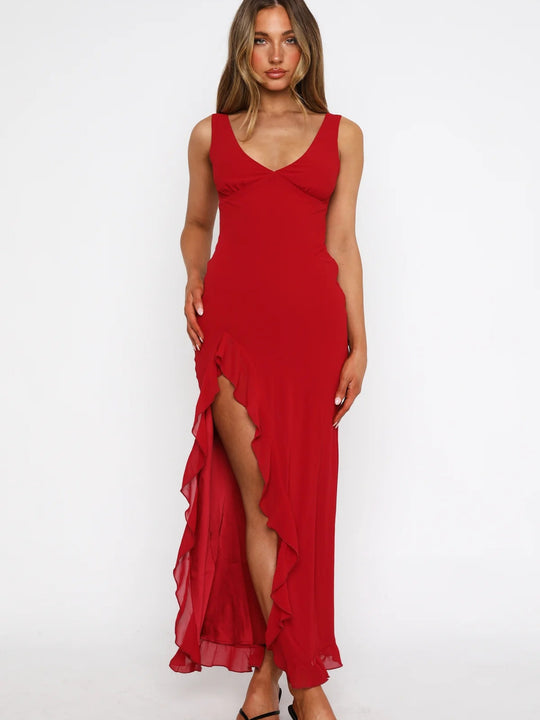 Damen Maxikleid mit tiefem Schlitz und eleganten Rüschendetails EB