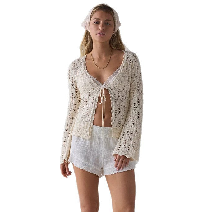 Damen luftiger Häkelstrick-Cardigan EB