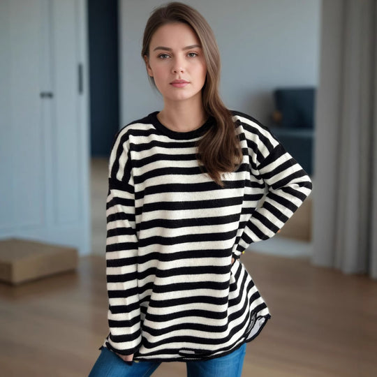 Damen lässiger Oversize-Pullover mit breiten Streifen EB