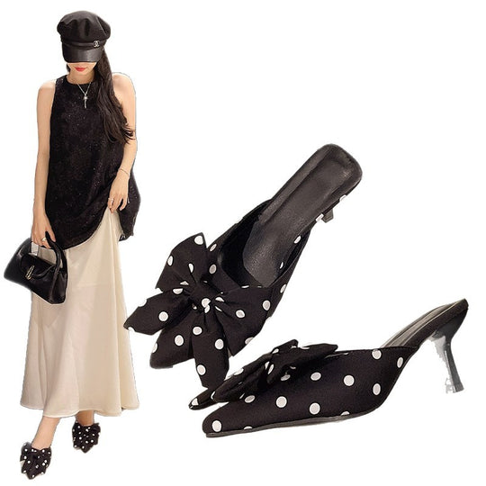 Damen Pantoletten mit oversized Schleifen-Design und eleganten Punkten EB
